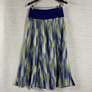 Jones New York 100% Silk Midi Skirt Blue Green Abstract Print Flowy A-Line Lined